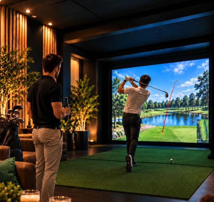 swing dans une baie de simulation avec parcours de golf mythique